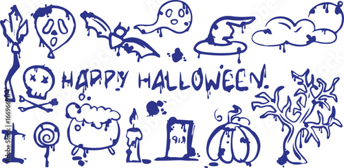Happy Halloween Vector Art with Festive Icons, Creative Design, Black and White, Illustrative, Whimsical, Spooky, Cute, Artistic, Decorative, Fun, Holiday Spirit, Detailed, Celebratory, Festive, Hallo