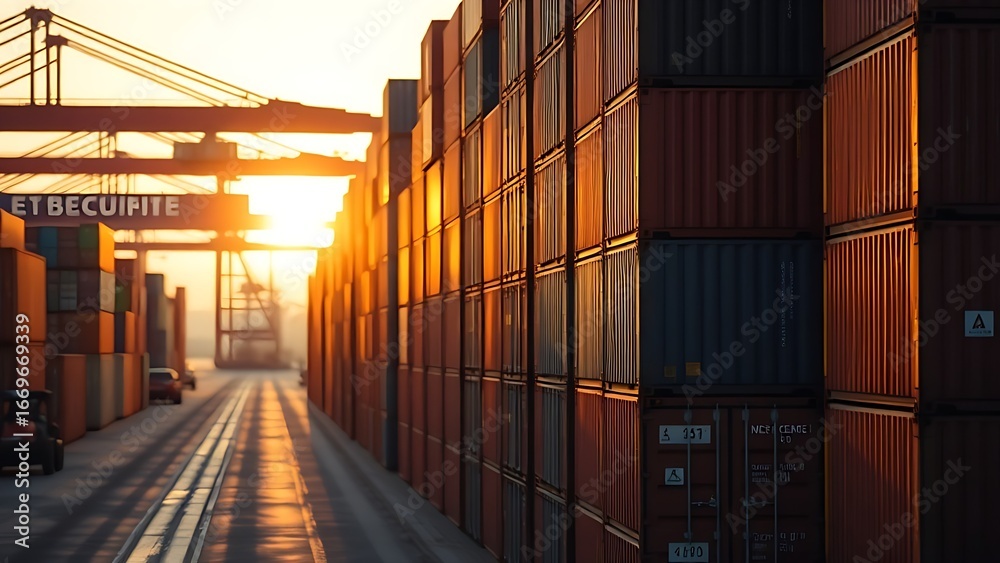 Fototapeta premium Shipping containers stack at a port under golden hour light, evoking an industrial yet serene atmosphere.