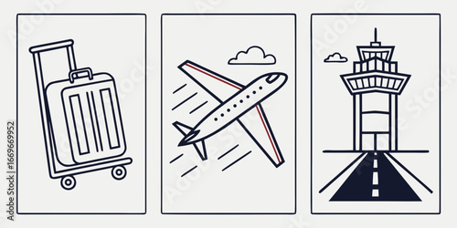 Illustration showing luggage, airplane with clouds, and airport control tower in three separate panels