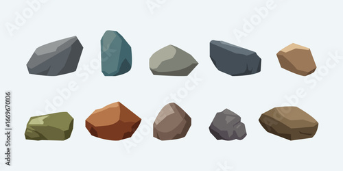 Abstract colorful rock stone set. Flat vector illustration.