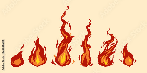 Set of fire flames, fireball, campfire in geometric shape. Flat vector illustration 