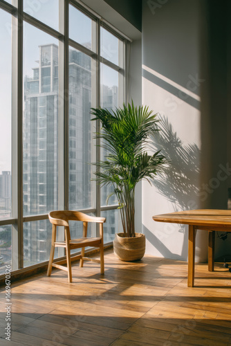 A modern office with floor-to-ceiling windows and simple wooden furniture A single plant sits in the corner