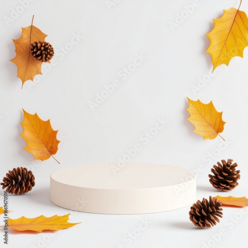 Autumn Composition with Yellow Leaves Pine Cones and Beige Podium on White Background