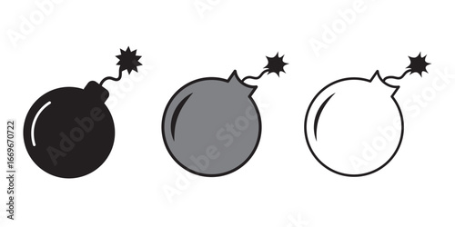 Bomb icon set, boom with a lit fuse icon, vector illustration