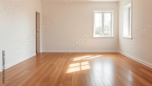 Wallpaper Mural Minimalist mid-century modern living space with wooden floors and soft natural light from a window. Torontodigital.ca