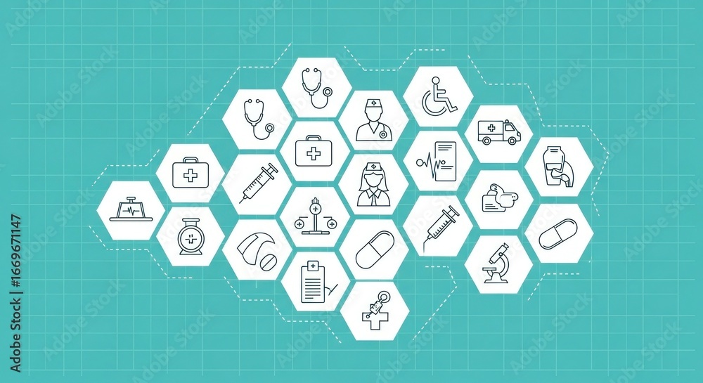 Naklejka premium Abstract medical technology and healthcare icons forming a network on a blue grid background, representing digital health and innovation