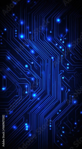 Blue circuit board pattern with glowing dots, intricate network of lines suggesting technology, connectivity, and modern design