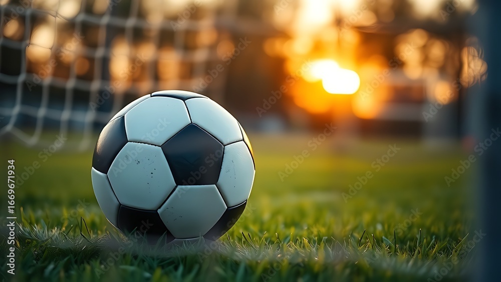 Obraz premium A soccer ball rests in the net against lush green grass, framed by a softly blurred goalpost under golden sunset lighting.