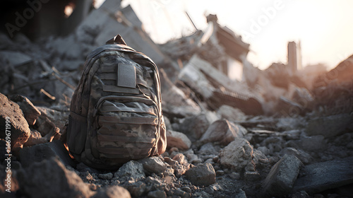 Camouflage backpack amidst devastation, a symbol of resilience against the backdrop of destruction, evoking themes of survival and displacement.