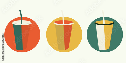 Three colorful soda cups with straws in front of circular backgrounds in a simple vector style