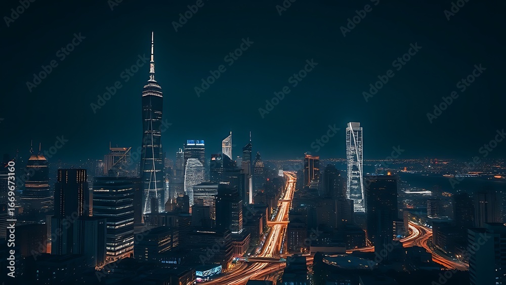 Fototapeta premium Nighttime urban landscape with illuminated skyscrapers and light trails, creating a dynamic city atmosphere.