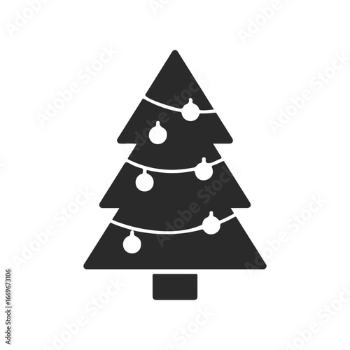 Simple black christmas tree icon with baubles