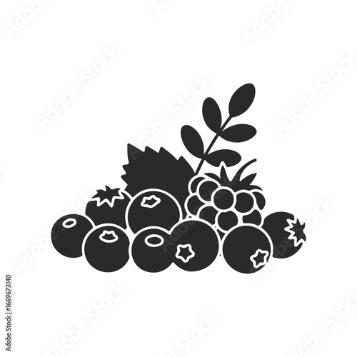 Silhouette of mixed berries: blueberries, raspberries, and leaves on white background