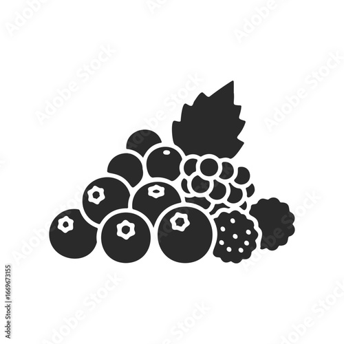Black silhouette of mixed berries with leaves