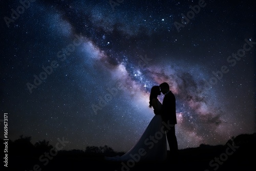 A couple embracing under the Milky Way at night.