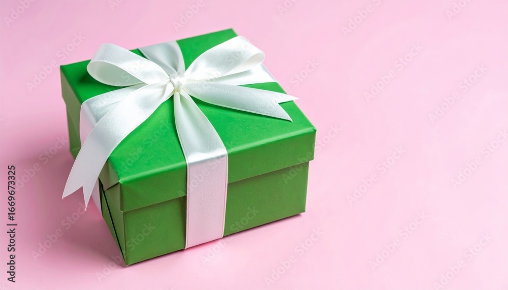 Fototapeta premium A wrapped pink gift box with a green ribbon and bow, perfect for a celebration
