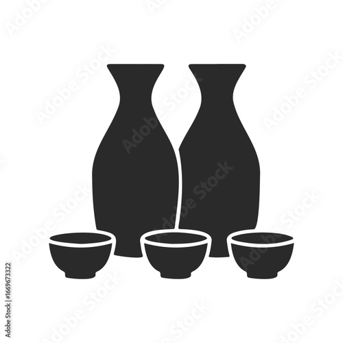 Silhouette of traditional sake set with two bottles and three cups
