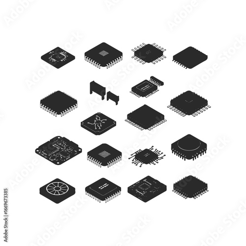 Various microchip and semiconductor icons in isometric view