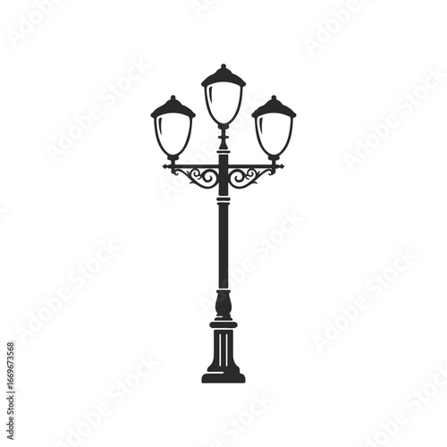 Silhouette of vintage triple-globe lamp post in black and white