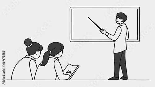 Simple Illustration of a Teacher Giving a Lesson to Students.