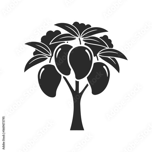 Stylized black mango tree with fruit silhouette on white background