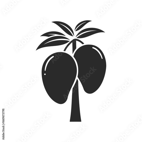 Silhouette of two mangoes hanging on tree with leaves