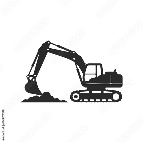 Silhouette of excavator with arm and scoop on white background