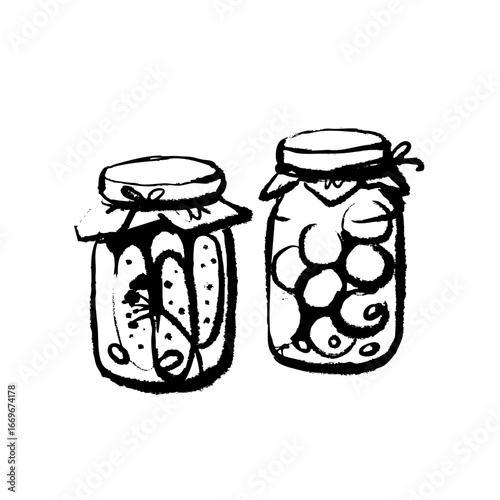 Whimsical sketch jars of fermentation preserves. Hand drawn vector illustration on white illustration.