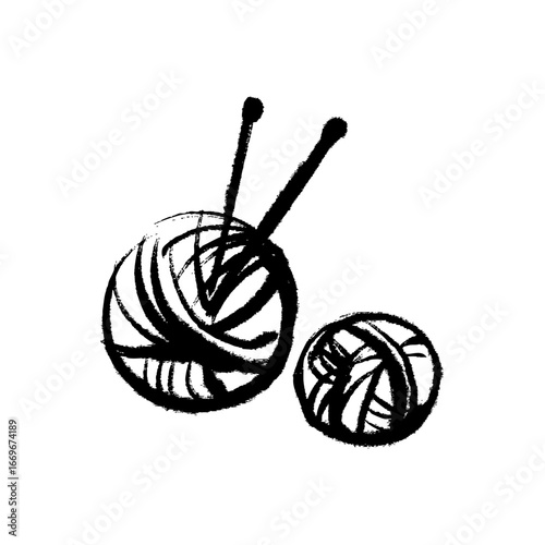 Hand drawn yarn balls with knitting needles.  Cozy and crafty ink sketch. Vector isolated illustration.