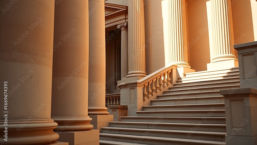 Fototapeta premium Architectural detail of neoclassical columns and stone staircase, reflecting classical symmetry.