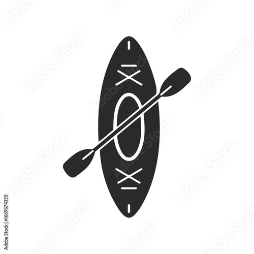 Minimalist black kayak and paddle icon on white background