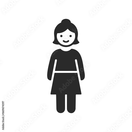 Simple black icon of female character in dress on white background