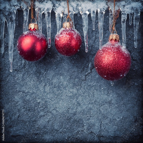 Christmas and New Year decorations on a gray background, icicles and toys, and a winter background.