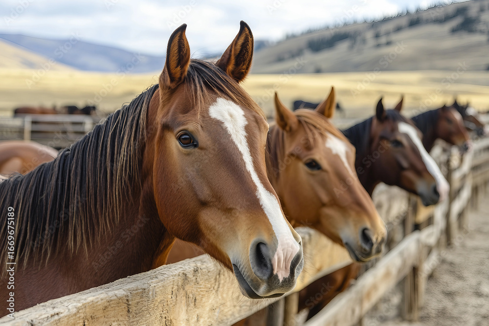 Naklejka premium Majestic Bay Horses Leaning Over Wooden Fences in a Picturesque American Rustic Ranch Setting, Generative AI