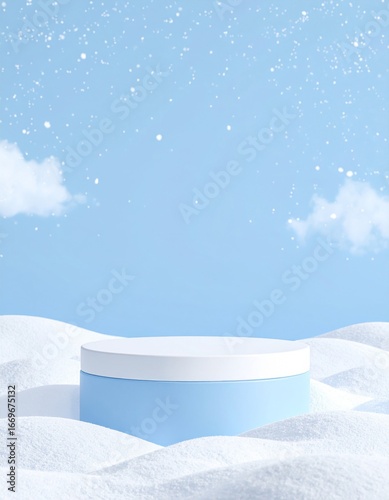 Winter Scene with Blue Podium on White Snow Background for Display