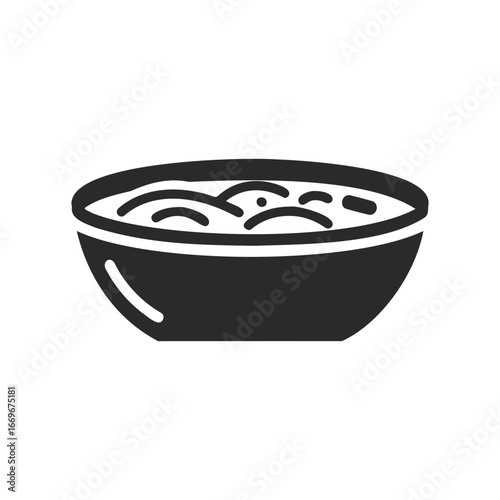 Black and white icon of a bowl of soup with dumplings