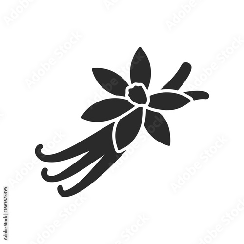 Silhouette of vanilla flower and pods icon on white background