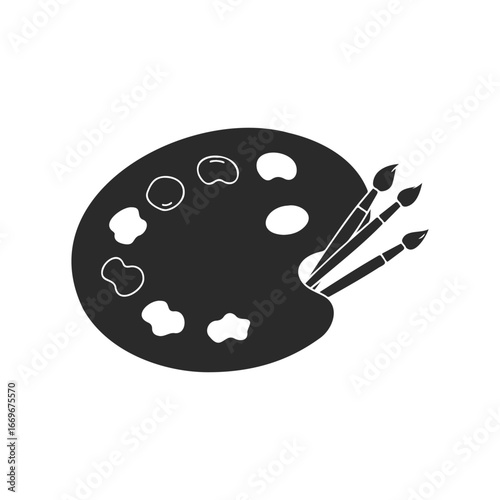 Artist palette with paint brushes icon in black and white