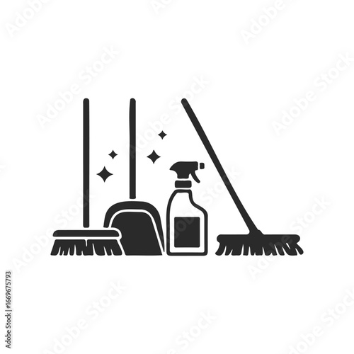 Cleaning equipment: broom, dustpan, spray bottle, scrub brush icons