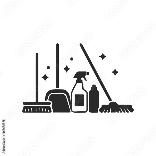 Silhouette of cleaning tools: broom, mop, and detergent bottles with sparkles