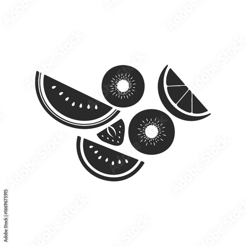 Black and white fruit silhouette: watermelon, kiwi, lemon, orange slices
