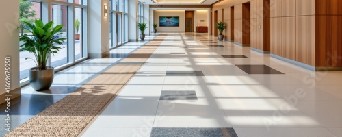 a municipal office lobby floor with subtle linear designs and textured safety zones, balancing aesthetics and clear safe movement for visitors.
