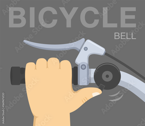 Isolated male hand holds bicycle handlebar. Close-up view of bike bell on handlebar. Flat vector illustration template.