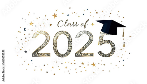 Class of 2025 text with graduation cap and golden glitter, celebratory academic concept, isolated on white background