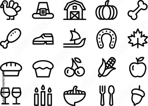 Thanksgiving autumn fall icon set vector illustration with turkey pumpkin and pilgrim hat design element