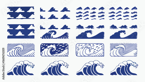 Collection of blue and white vector illustrations depicting stylized clouds and ocean waves artfully arranged