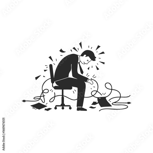Stressed male worker overwhelmed with tasks - monochrome illustration