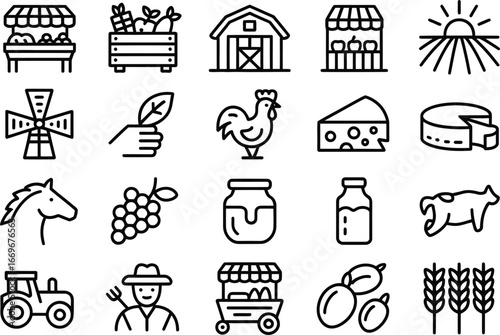 Farm fresh produce and agriculture icons vector set for organic food market and rural lifestyle 96
