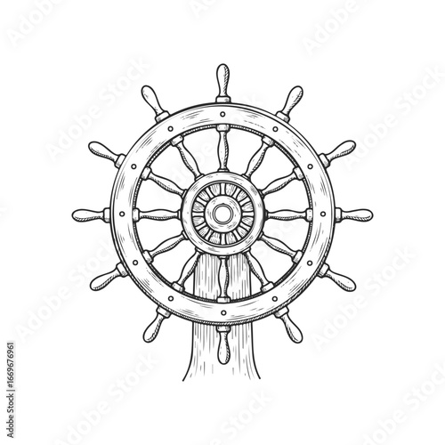 Intricate nautical ship wheel drawing with detailed wooden design