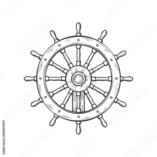 Vintage ship's wheel in black and white line art style